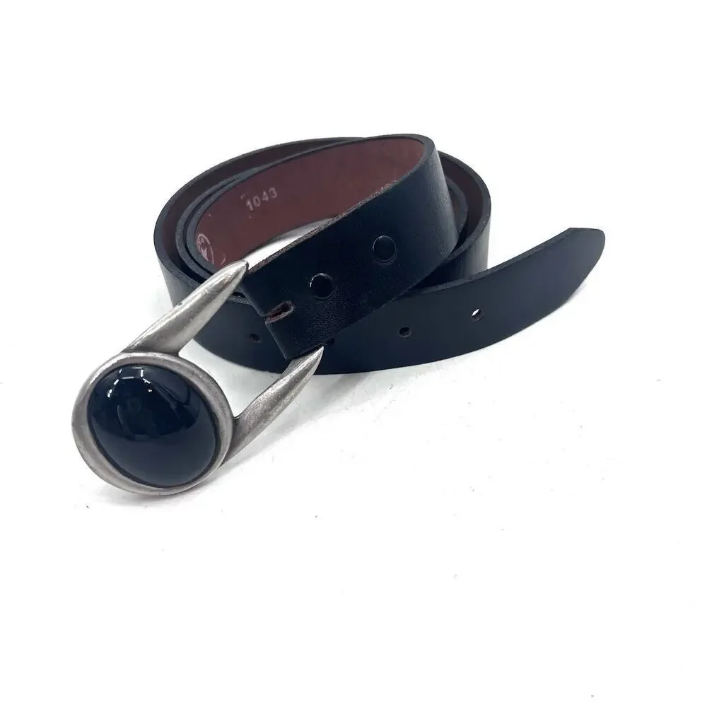 Vintage Black Leather Hip Hook Belt with Removable Pewter Buckle Womens 40